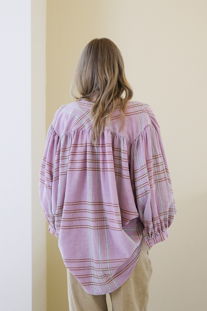 sea me happy balloon blouse checked pink
